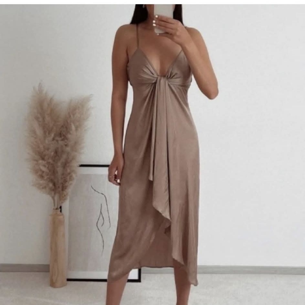 Zara Women's Knotted Front Satin Dress - Picture 3 of 7